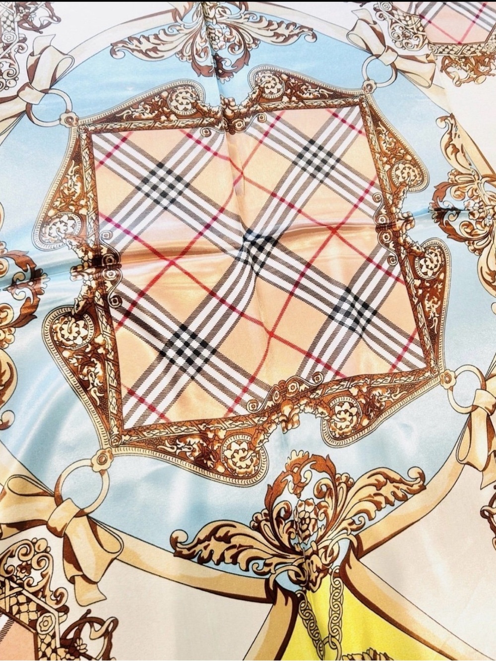 Light Beige Plaid Silk-Feel Women's Scarf with Sky Blue Accents